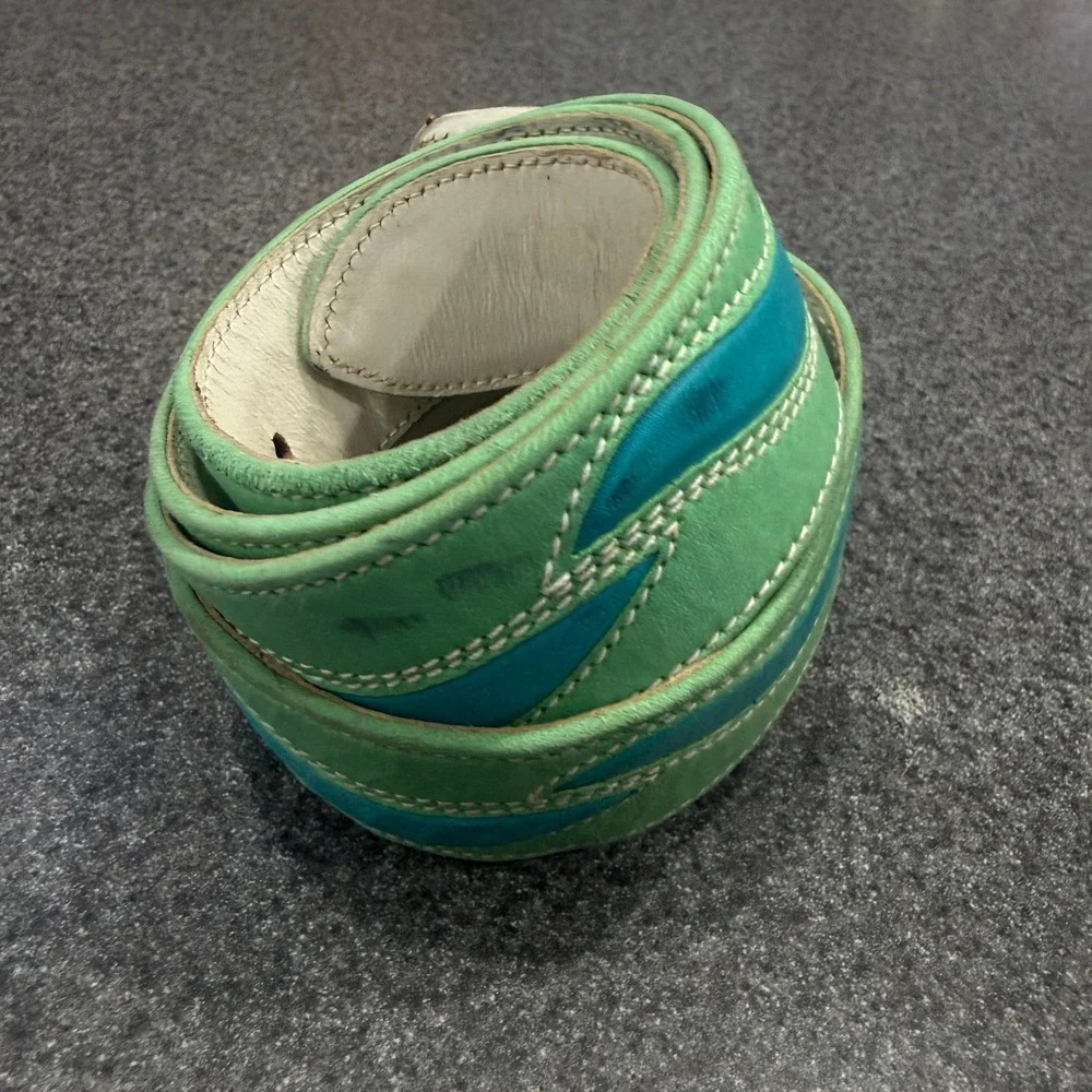 Escada Leather Belt Womens 40 Green Turquoise Good Made in Italy Wave Design